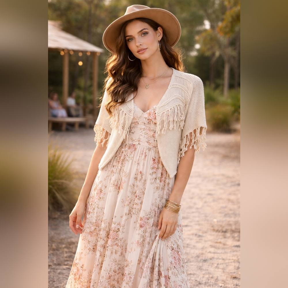 BKE Gimmicks Fringe Knit Boho Cardigan Bolero Sweater Festival S
